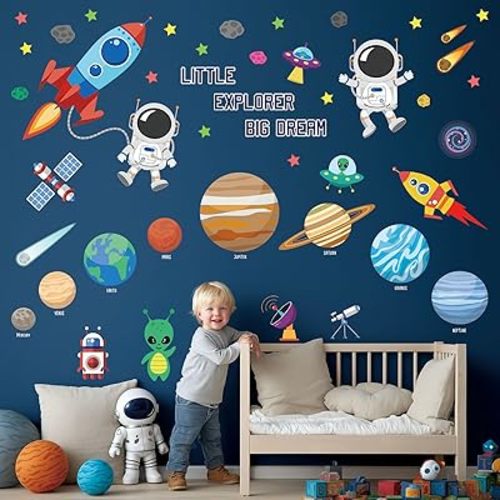 DECOWALL DS9-8058 Outer Space Wall Decals Stickers Kids Bedroom Room décor Nursery Boys Galaxy Stars Astronaut Planets Solar System Dark Removable Decoration Living Spaceship Window Art Mural Peel