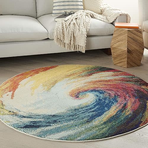 Nourison Home Celestial Multicolor Wave 4' x Round Area Rug, Abstract, Spiral, Bed Room, Living Room, Dining Room, Kitchen, Easy Cleaning, Non Shedding, (4' Round)