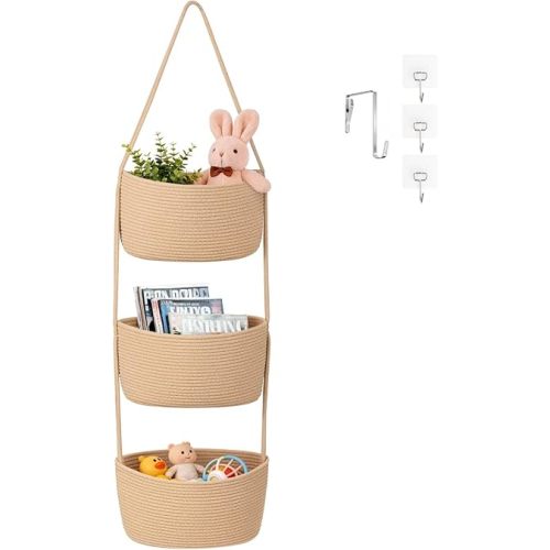 Goodpick 3-Tier Hanging Basket Over the Door, Cotton Rope Wall basket, Hanging Nursery Decor for Organizing, Jute