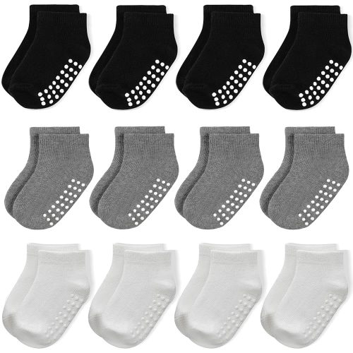 JAKIDAR 12 Pair Baby Toddler Socks Non-Slip Grip Cotton Ankle Socks for Boys Girls Non Skid Soles for Infants Kids