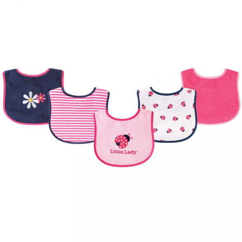 Luvable Friends Baby Girl Cotton Terry Drooler Bibs with PEVA Back 5pk, Ladybug, One Size