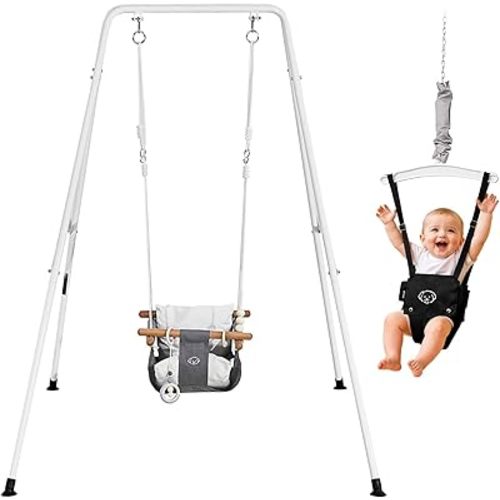 VEVOR Toddler Swing and Jumper, 2 in 1 Swing Set and Bouncer, Soft Cushion with Foldable A-Frame Metal Stand, Heavy-Duty Thick Ropes, Easy to Install and Store, for Indoor or Outdoor Play, Black