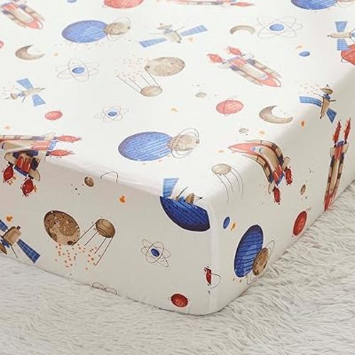 Brandream Crib Sheet Baby Toddler Fitted Fitted Sheets 100% Cotton Outer Space Astronaut Spaceship Galaxy Explorer Standard Crib and Toddler Mattresses Cream White