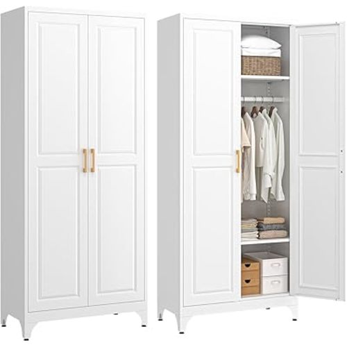 SteeLoong Metal Wardrobe Cabinet with Hanging Rod, 71" Tall Armoire Wardrobe Closet with 2 Doors and Adjustable Shelves, White Clothing Storage Cabinets for Bedroom, Laundry Room, Cloak Room
