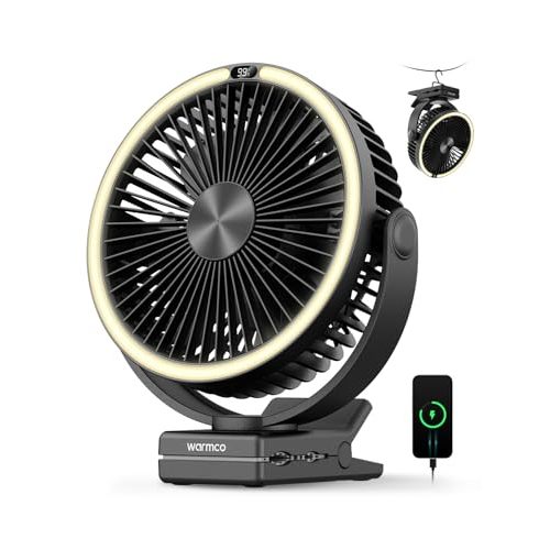 Warmco 15000mAh Clip on Fan with LED Light for Camping and Golf Car | 12-30H Runtime, 300H+ Light, USB-C Two-Way Charging, 3-Level LED Light, Clip Hook Desk Use, 4 Speeds