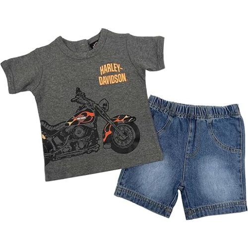 Harley-Davidson Baby Boys' 2-Piece Infant Knit Tee & Denim Shorts Set, Gray