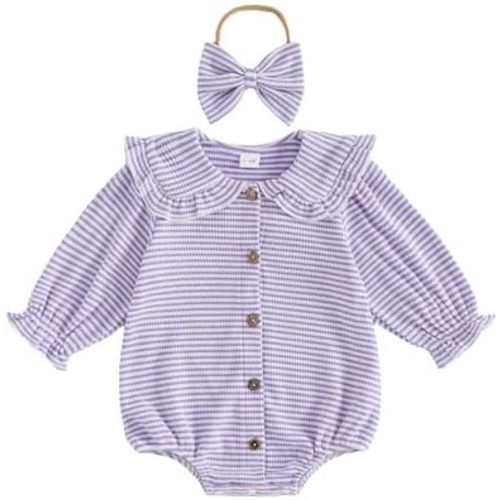 Newborn Baby Girl Waffle Romper Striped Peter Pan Collar Long Sleeve Button Up Bodysuit Cute Fall Outfit 0 3 6 12 18M