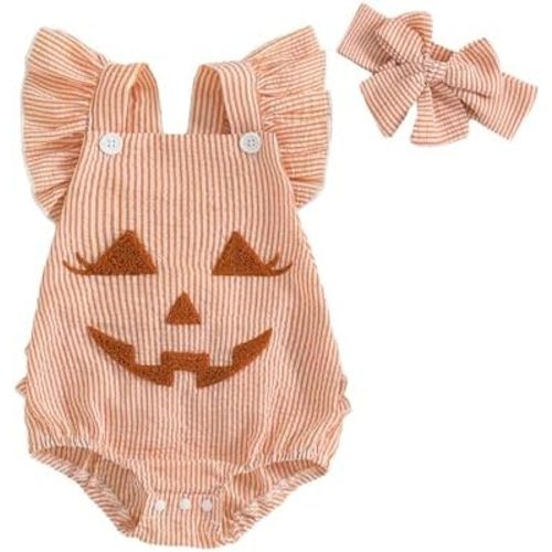 Newborn Halloween Outfit Infant Girls Pumpkin Smiling Face Embroidery Striped 1st Halloween Baby Girl Outfit