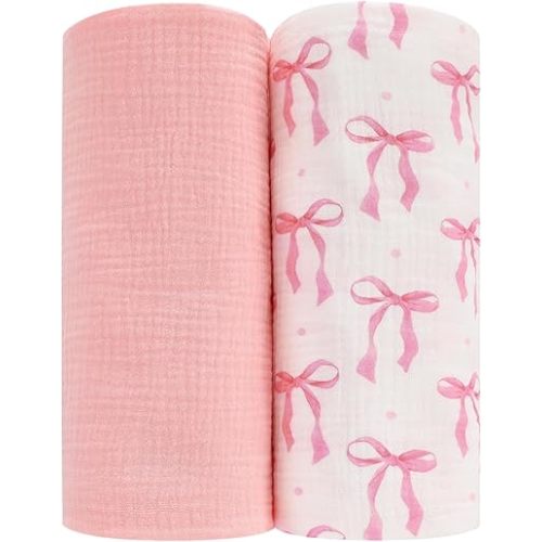 Moukeren 2 Pack Muslin Swaddle Blankets for Newborns Pink Bow Baby Blanket, 47 x 47 Inch 100% Cotton Soft Breathable Receiving Blankets Pink Bow Muslin Swaddles for Infant Baby Newborns
