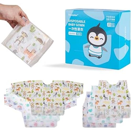 Disposable Baby Gown,10 Pcs Bib Shirt, Individual Pack, 31.5’’ x 15.35’’ Long Sleeve Bib, Baby Eating Smock (Green Rainbow, Long Sleeve Style)