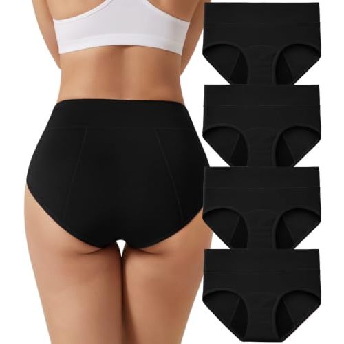 ACEJUNE Period Underwear for Women Cotton Leakproof Briefs - 4 Pack | 5-Layer Extended Gusset, High Waisted Full Coverage Menstrual Panties for Heavy Flow, Postpartum, Light Incontinence Support