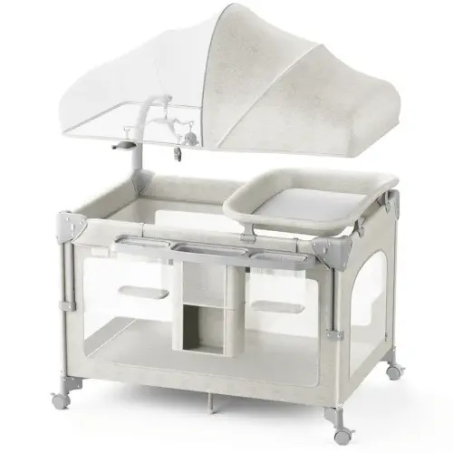 BabyBond 3-in-1 Baby Bassinet - Kid-Safe Folding Oxford/PP/Metal Bedside Crib Sleeper, Easy-Assemble Portable Floor Playpen, 2 Adjustable Heights, Removable Diaper Pad, Storage Bag, Mosquito Net, 3 Toys, Toy Rack, Wheels (0-2 Years) - TikTok Shop