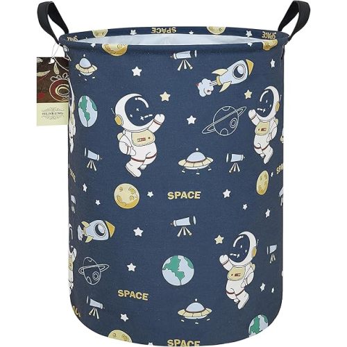 HUNRUNG Laundry Hamper,Large Canvas Fabric Lightweight Storage Basket Toy Organizer Dirty Clothes Collapsible Waterproof for College Dorms（Round-Blue Space Astronaut）