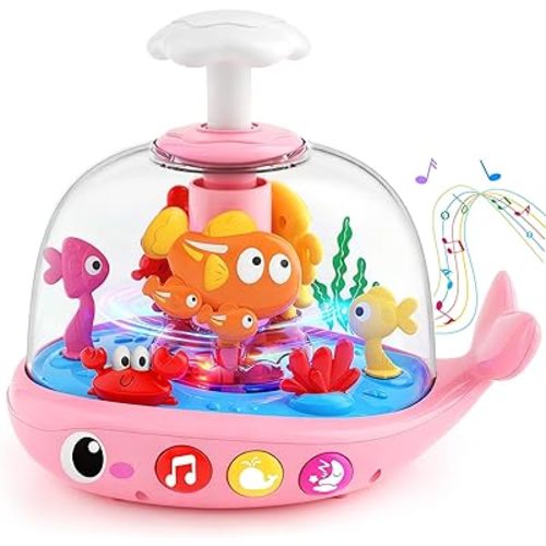 DUPHLAGT Baby Girl Toys 6-12 Months - Press & Spin Aquarium Light Up Musical Toy for Infant Toy 9-12-18 Months - Bilingual Learning Toddler Toys for 1 2 3 Year Old Boy Girl (Pink)