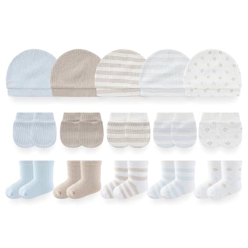 BIGBIGKISS Infant Baby Girl Boy Hats Mittens and Soft Socks Set 0-6 Months | 100% Cotton, Infant Caps, Newborn Soft Gloves