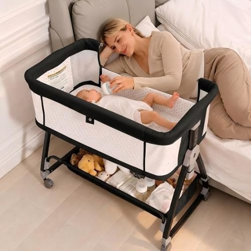Baby Bassinets Bedside Sleeper with Wheels and Mattress, Cosleeping Baby Bed with Storage, Co-Sleeper Bassinet Attach to Bed, Bed Side Crib with Breathable Mesh, Height Adjustable (Beige)