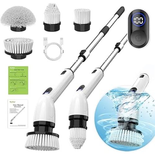 TUYU Electric Spin Scrubber, Full-Body IPX7 Waterproof Bathroom Scrubber with Power LCD Display, Adjustable Extension Handle, Cordless Shower Cleaner Brush for Bathtub Kitchen Wall Cleaning