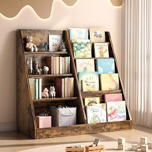 Tatub 6 Tier Kids Wooden Bookshelf and Toy Storage, Children Toy Organizer with Book Shelves, Toddler BookRack Baby Bookcase for Nursery, Playroom and Classroom, Rustic Brown