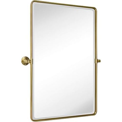 TEHOME Gold Pivot Rectangle Bathroom Vanity Mirrror Farmhouse Tiltable Rounded Metal Framed Pivoting Bathroom Mirror with Beveled Mirrror, Overall 26.91 x 35 inches (Mirrror 23 x 35 inches)