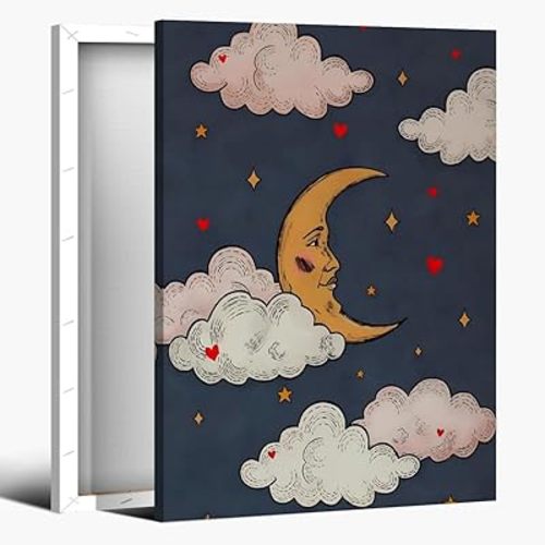 Retro Funny Celestial Aesthetic Wall Art Maximalist Mystical Night Sky Artwork Poster Trendy Astrology Canvas Print Wall Decor for Office Dorm Bedroom Childrens Room Wall Decor Framed8x12inch