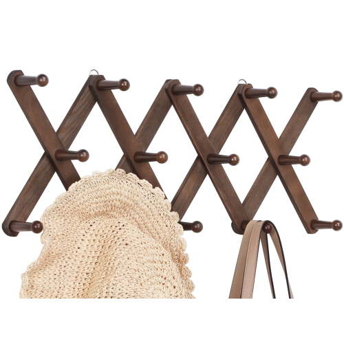 Accordion Wall Hanger with 14 Pegs, Expandable Coat Rack Wall Mount, Wood Hat Rack for Wall, Hat Hangers for Hanging Coat, Purse, Mug