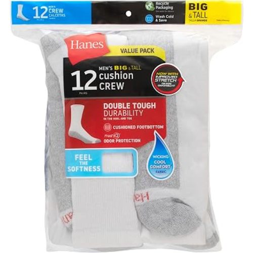 Hanes Men's Double Tough Socks, Crew Moisture Wicking Socks, White, Multi-Packs