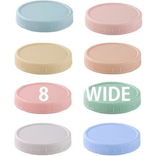 8 Pack Wide Mouth Mason Jar Lids for Ball, Kerr Jars and More, Colored Plastic Reusable Canning Tops with Silicone Rings, Food Grade & Leak-proof