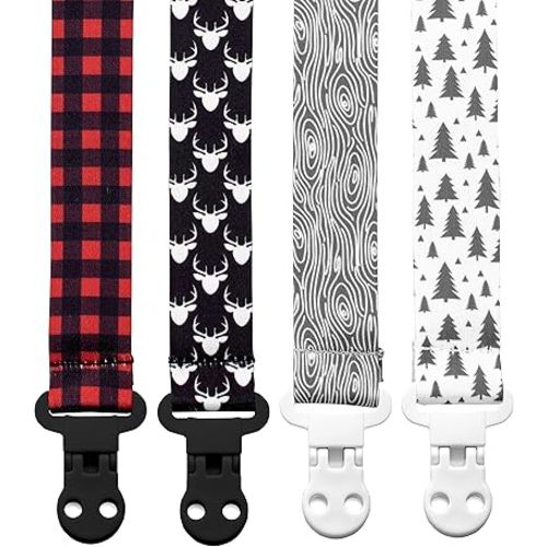 Baby Pacifier Clip Holder - Boy 4 Pack Gift Set – Plaid Deer Forest Woodland Trees Red Black Gray (Lumberjack)