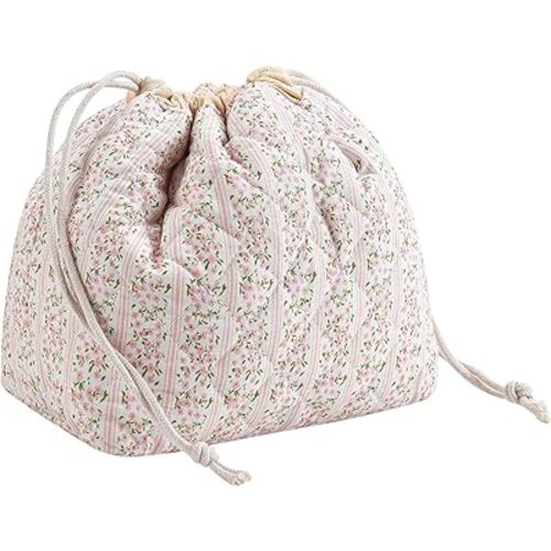 Cotton Quilted Drawstring Makeup Bag with Canvas Lining,Coquette Aesthetic Cute Travel Toiletry Bag,Drawstring Gift Bag for Women and Girls(17Small Pink)