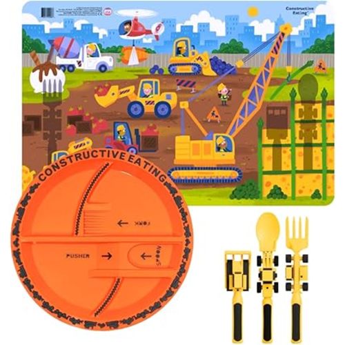 Constructive Eating Made in USA Toddler Eating Set: Kids Placemats for Dining Table with Plate & Utensils, Gifts for 2 Year Old, Toddler Forks and Spoons for Picky Eater (Construction)