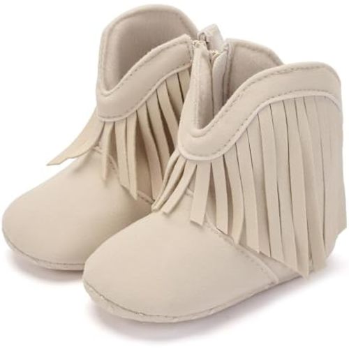 BACSAC Baby Girls Tassel Boots Zipper Infant Western Cowboy Boots Non Slip Toddler Short Boots Soft Comfort First Walker Suede Booties