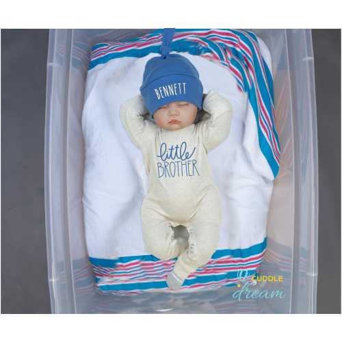 Little Brother Coming Home Outfit, Oatmeal Romper with Denim Blue Hat, Baby Boy Take home, Going Home, Newborn, Name,
