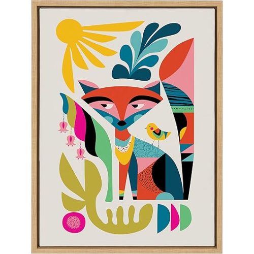 Kate and Laurel Sylvie Mid Century Modern Fox Framed Canvas Wall Art by Rachel Lee of My Dream Wall, 18x24 Natural, Modern Art for Wall