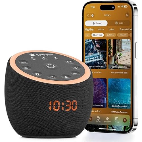 Hotmoon Sound Machine, Cocoon Pro 2 White Noise Machine for Sleeping Adults, 388 Non Looping Sounds & Sleep Timer, Smart App Control Night Light, Nature Sound Pink Green Brown Noise Maker, Plug in