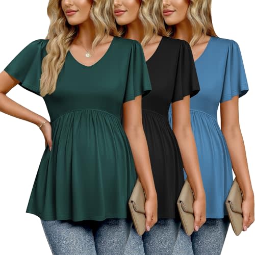 Ekouaer Maternity Shirts 3 Packs Summer Pregnancy Clothes Tops for Work | Pleated V Neck Maternity Outfits, Flying Short Sleeve Maternity Blouse T-Shirt Gifts for Pregnant Women