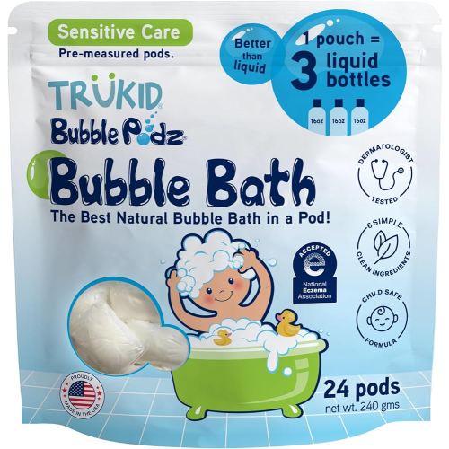TruKid Bubble Podz Bubble Bath for Kids, Toddlers, & Babies, NEA-Accepted for Eczema, Gentle Refreshing Colloidal Oatmeal Bath Bomb for Sensitive Skin, pH Balanced, Tear Free, Unscented (24 Podz)