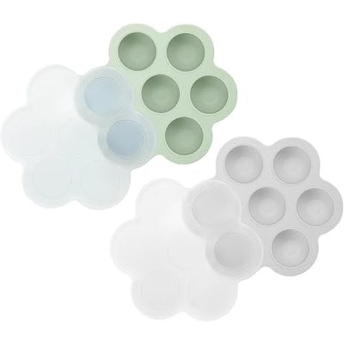 PandaEar 2 Pack Silicone Baby Food Freezer Trays with Lids - 7 Individual 1oz Portions per Tray - Reusable Storage Containers for Breast Milk, Homemade Purees & Fruit - BPA Free, Light Green/Gray