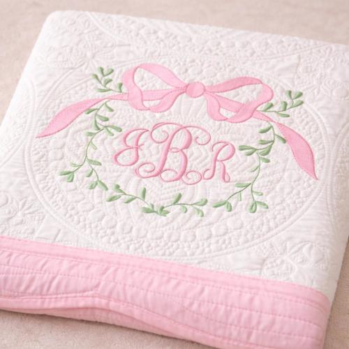 Personalized Heirloom Baby Quilt – Embroidered Bow Monogram Blanket – Nursery Decor