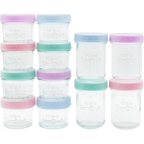 WeeSprout Baby Food Storage Glass Jars w/Lids (4/8 oz, 12 Pack) Pastel Variety, Snack, Reusable Small Containers, Fridge or Freezer, Microwave & Dishwasher Safe, Essentials for Infants