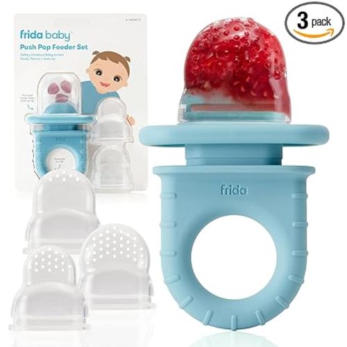 Frida Baby Push Pop Feeder, Baby Fruit Food Feeder to Safely Introduce New Foods, Fresh + Frozen, Silicone, BPA Free, Dishwasher Safe | 3 Count, Blue