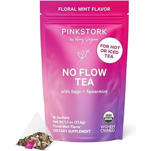 Pink Stork No Flow - Organic Sage Tea to Dry Up Breast Milk Supply and Decrease Milk Production, Stop Breastfeeding, Wean Lactation Naturally, Postpartum Essentials - Hot or Iced - 15 Sachets