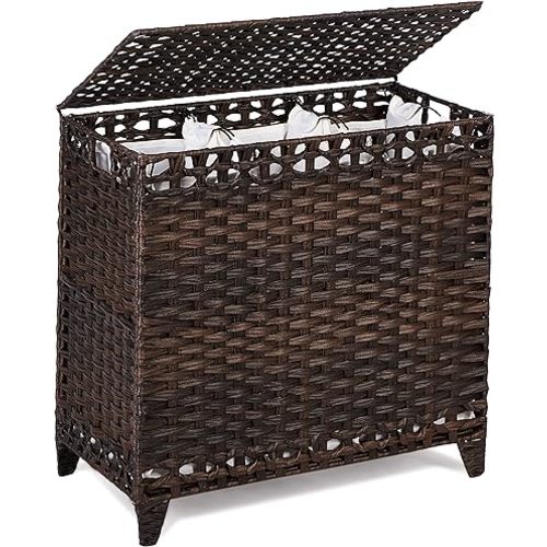 Laundry Hamper with 3 Removable Liner Bags; 132L Handwoven Rattan Laundry Basket with Lid & Heightened Feet; Clothes Hamper with Side Handles; Laundry Sorter with 3 Separate Sections (Brown)