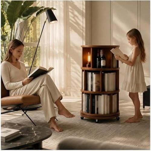 Real Solid Wood walnut Rotating Round Bookshelf Towers with Wheels,Bookcase