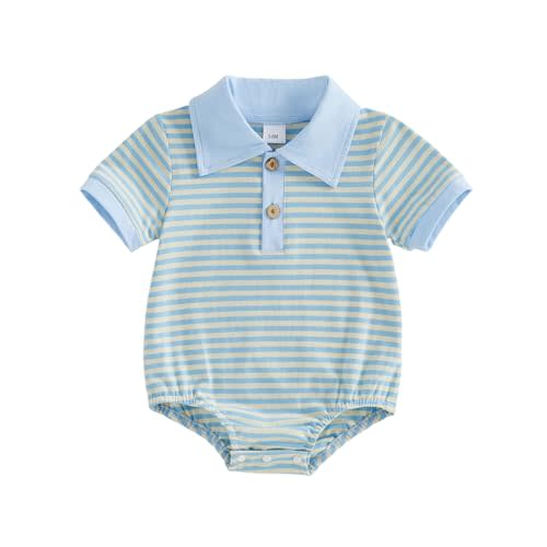 VISGOGO Baby Boy Striped Romper Waffle Short Sleeve Button Oversized Bodysuit Summer Baby Collared Polo Shirt Clothes