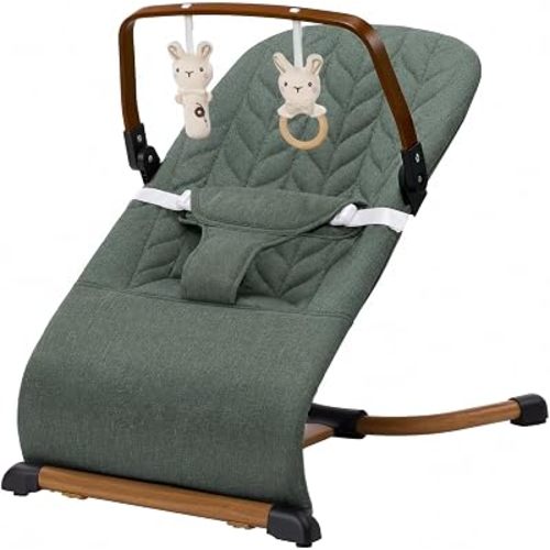 Portable Baby Bouncer, Bouncer Seat for Babies 0-12 Months, 3 Recline Positions, Foldable Baby Rocker Chair with Removable Wooden Bar, Green