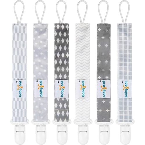 babygoal Neutral Grey Pacifier Clips, 6 Pack Binky Paci Holder Clip Leashes Fits for Most Baby Pacifiers and Binkies