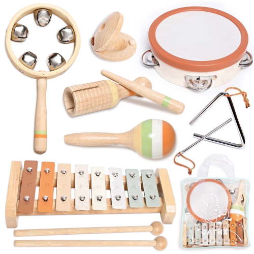 OATHX Baby Music Toys Wooden XylophoneTambourine Set Educational Toy Musical Instruments for Kids, Toddler Birthday