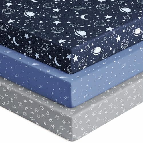 Unnivoll Baby Crib Sheets for Boys Girls, 28x52x8in Fitted Crib Sheet Neutral 3 Pack for Standard Crib and Toddler Mattress, Breathable Soft Microfiber Baby Sheet Blue Gray Planet
