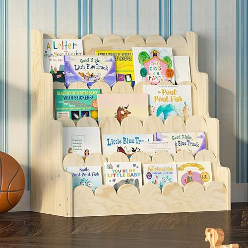 NACHES Wood Kids Bookshelf Scalloped Montessori Toddler Nursery Bookcase Baby Book Magazine Display Shelf 4 Tier Front Facing Children Book Rack Toy Organizer Girl Boy Bedroom Classroom Playroom