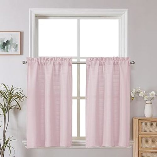 Chyhomenyc Bennet 2-Panel Blush Pink Kitchen Curtains, 36 Inch Length Tier, Faux Linen Textured Small Cafe, Light Filtering Short Window for Bathroom Basement, 30x36 Inch